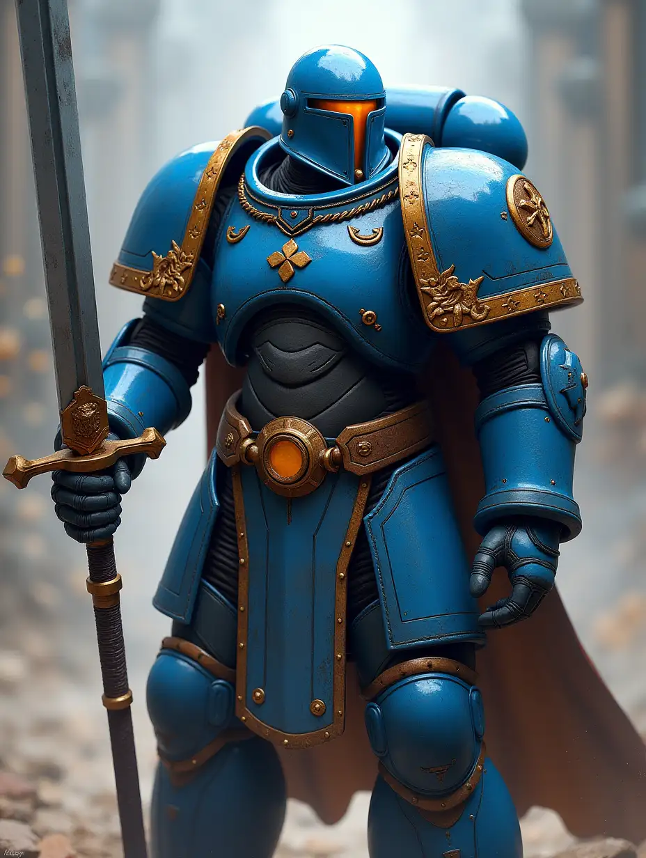 space marine in blue armor from Ultramarines legion with sword from Warhammer The Horus Heresy