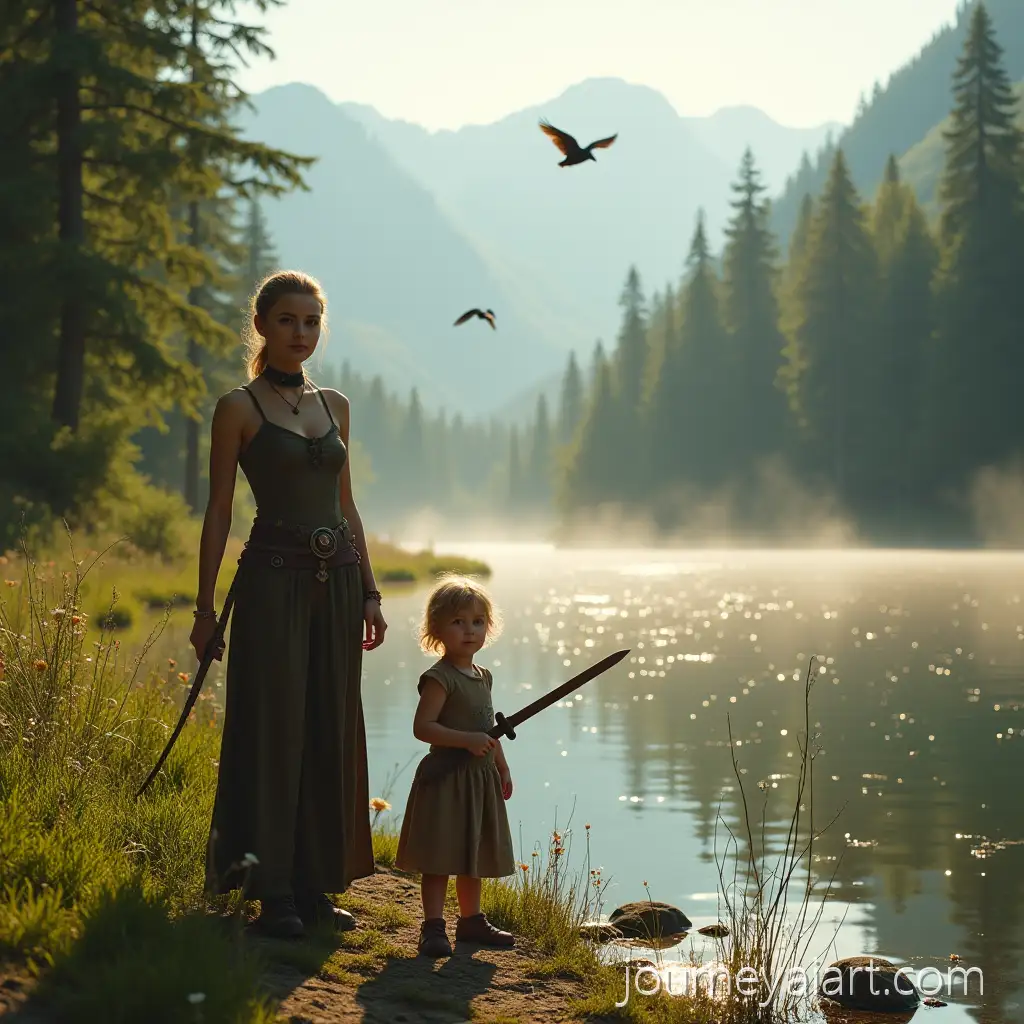 WomanWoman-and-child-by-lake-and-Child-on-Adventure-by-Tranquil-Lake-at-Sunrise