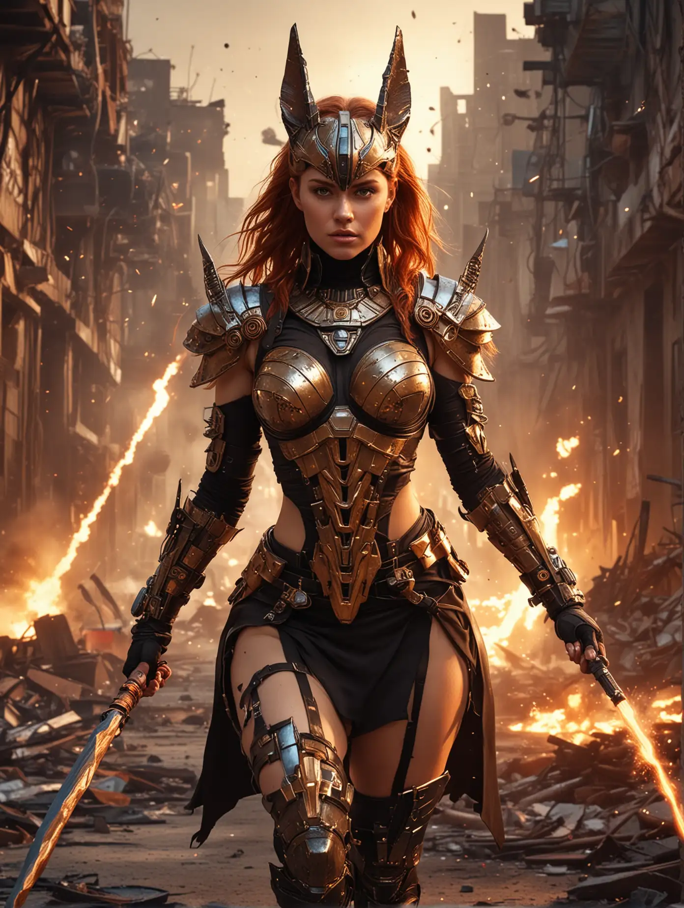 A masterful and striking conceptual art potrait, close up portrait, close up shot, showcasing beauty redhead Mia Malkova wears anubis warrior outfit, holding a long laserray whip, deeply immersed in the chaotic energy of a destroyed Zone with explosions everywhere. Victory walking with graceful and elegant style in futuristic cityscape background with amazing ray tracing of sunset light.