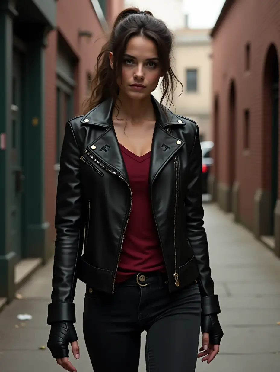 Teagan-Croft-in-BloodRed-Henley-and-Black-Leather-Jacket-in-Alleyway