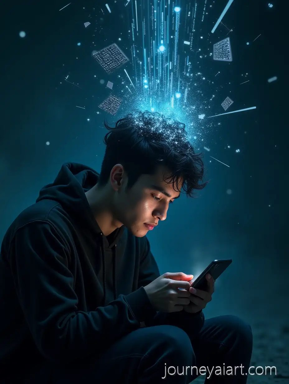 YoungAI-Art-Prompt-Expansion-Man-Struggling-with-Digital-Overload-in-Collapsing-Virtual-World