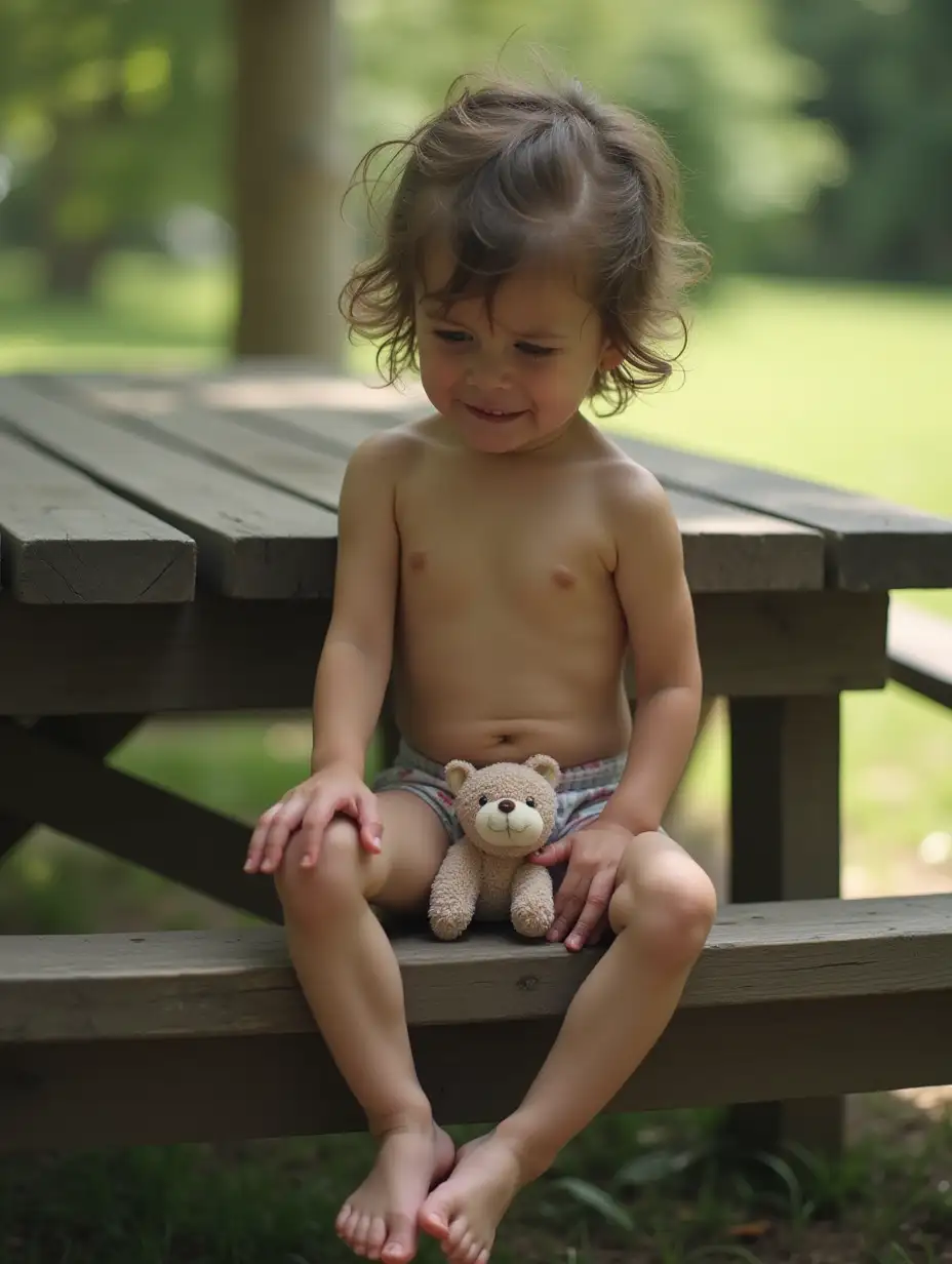 Sad-Little-Girl-Sitting-on-Picnic-Table-Holding-Stuffed-Animal