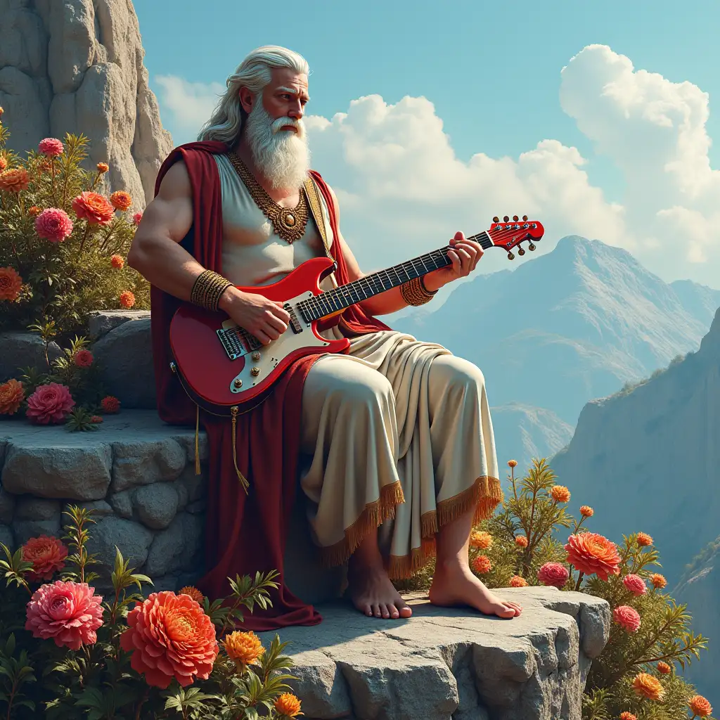 Ultradetailed hyperrealistic portrait of god zeus 10 meters tall in Greece on a mountain with an e-guitar in his hand on a rock with elaborately detailed, colorful plants in the background colorful plants background