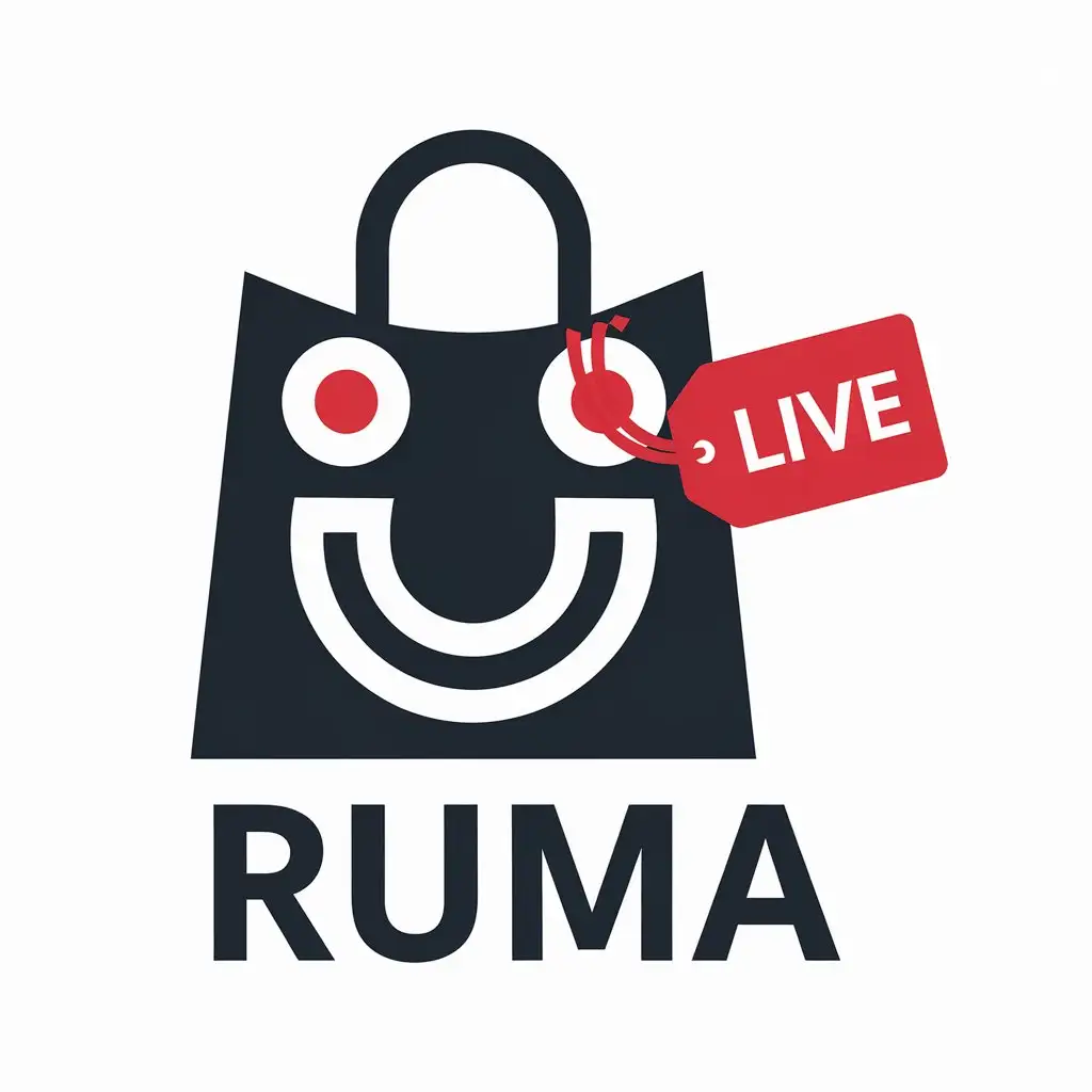 a vector logo design,with the text "RUMA", main symbol:Shopping with a tag written 'Live' in red color.,Moderate,be used in Retail industry,clear background