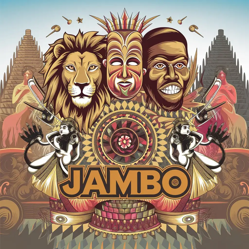 LOGO Design for JAMBO Entertainment Lion Monkey African Mask Dancers and Psychedelic Music Theme