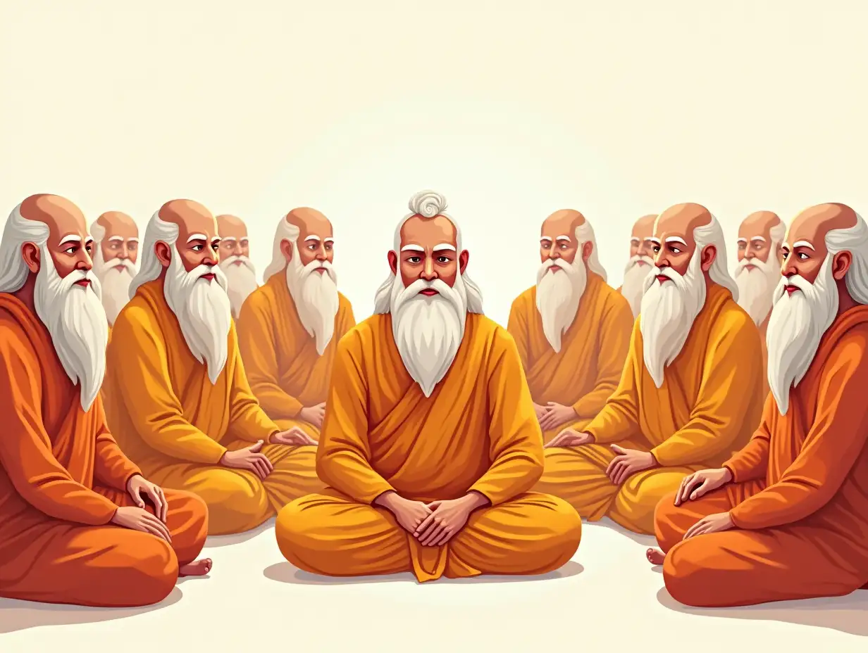 A vector illustration of a Mahabharata-era scene featuring a gathering of numerous sages, dressed in saffron attire with long beards and matted hair, seated in meditation or engaged in discussions. The background is plain, keeping the focus on the sages and their serene expressions, symbolizing wisdom and spiritual presence