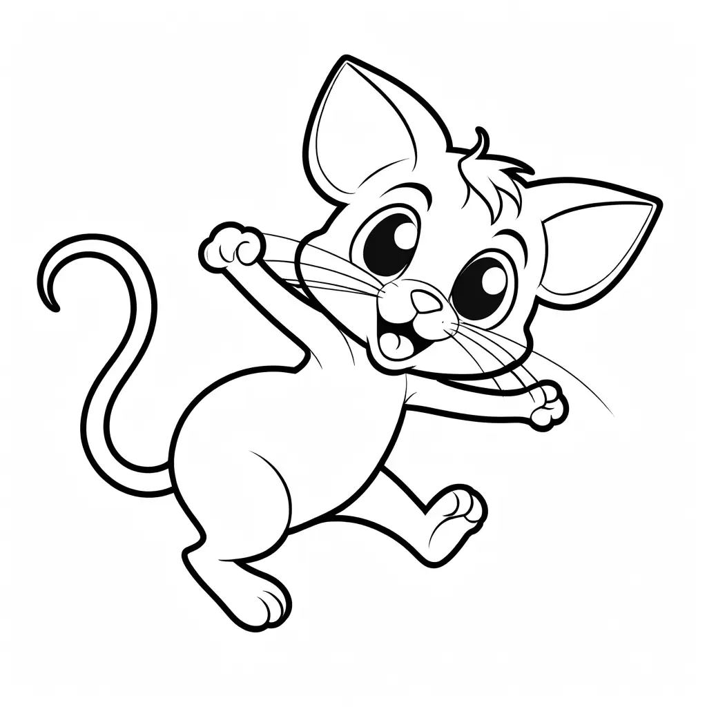 friendly cartoon character, cat, chasing a mouse, Coloring Page, black and white, line art, white background, Simplicity, Ample White Space. The background of the coloring page is plain white to make it easy for young children to color within the lines. The outlines of all the subjects are easy to distinguish, making it simple for kids to color without too much difficulty