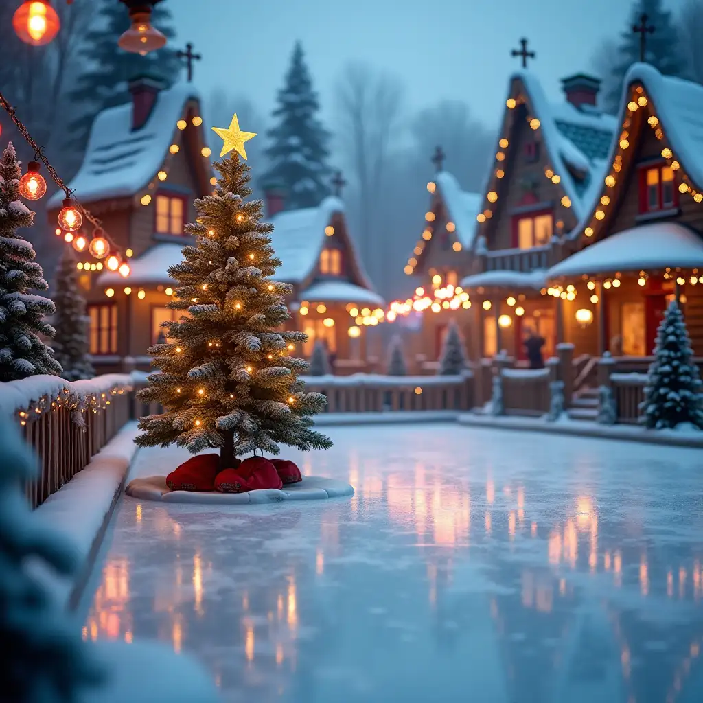 Ice rink with a Christmas tree in a fairy tale village with multicolored garlands, surrounded by a decorated fence, blurred background