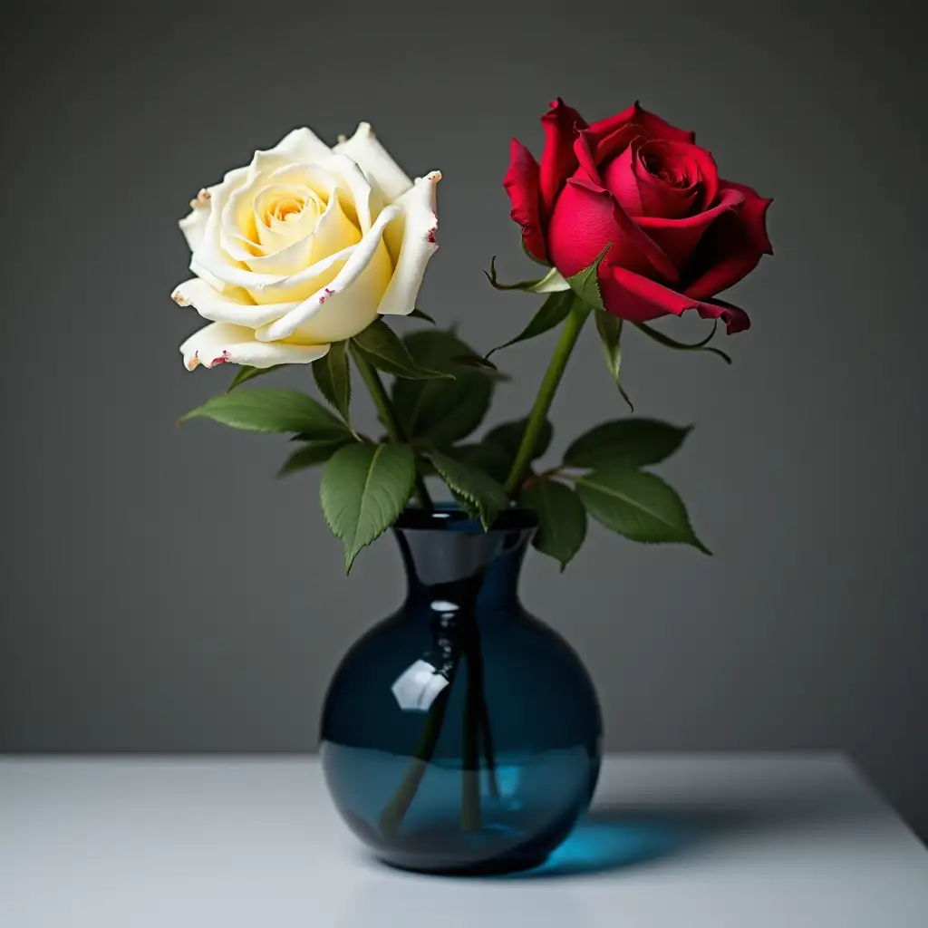 Two wilted roses, one white, the other red, are dropping their petals while standing in a beautiful dark blue crystal vase handmade