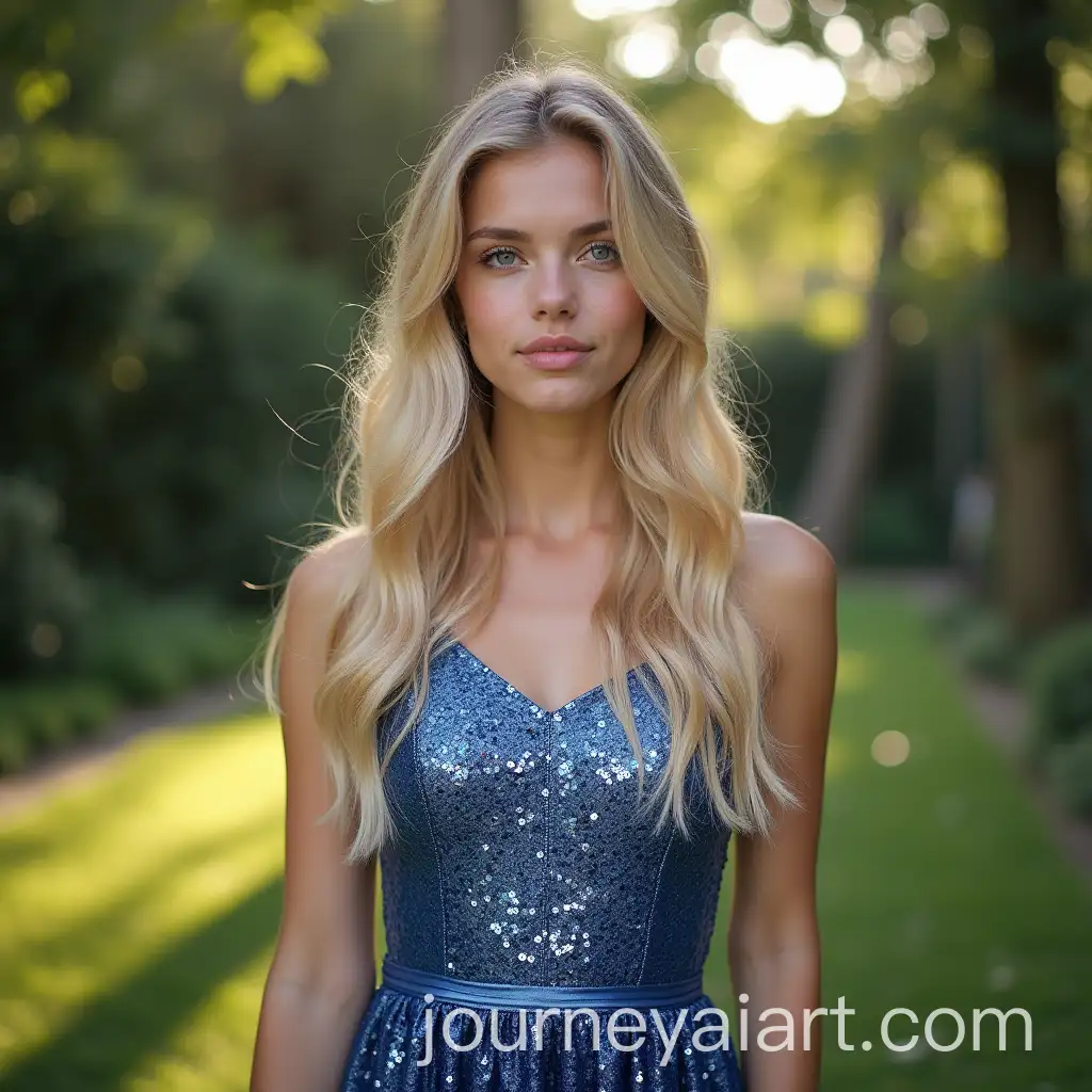 Young-Woman-with-Long-Blonde-Hair-in-Sequined-Blue-Dress-in-a-Garden