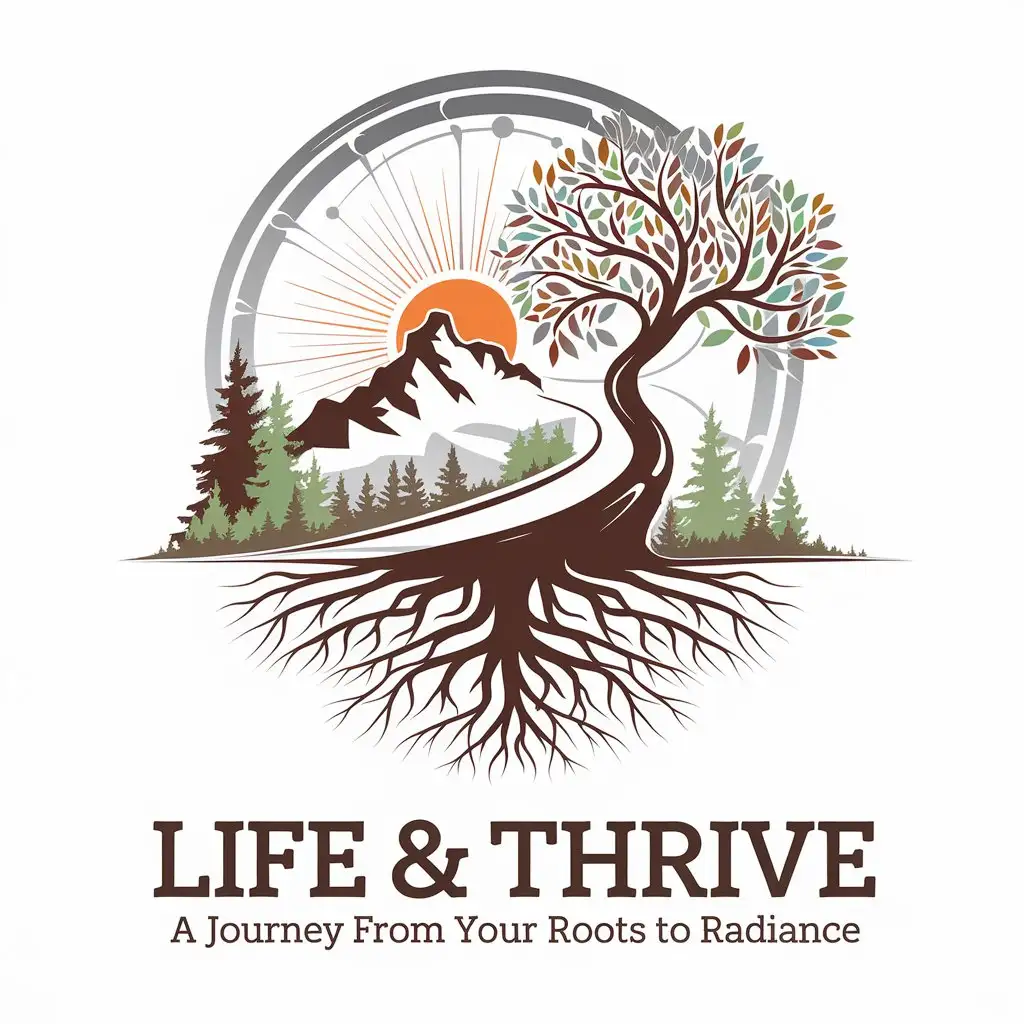 LOGO Design For Life Thrive Tree with Mountain Path and Sun Symbolizing Growth and Empowerment