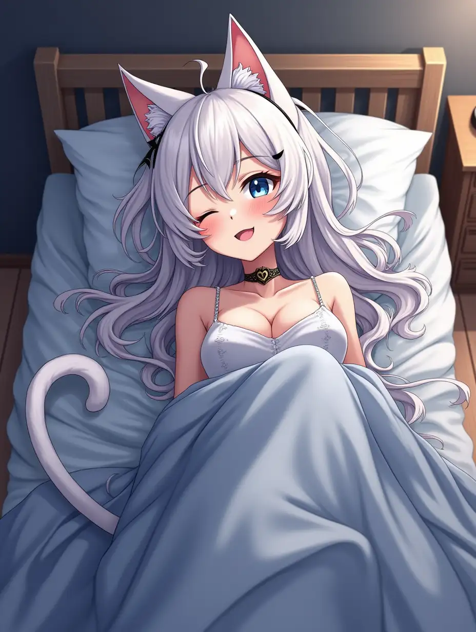 Anime mature adult woman cat with a long tall skinny body who looks like she is in her 30's with big breast, extreme cleavage, blue eyes, a choker around her neck, long white hair, cat canine teeth, and white cat ears with black and gold earrings on her head, and an attached to lower back cat tail. She is in her bed with a storage chest at the foot of bed, knocked out asleep. Her hair is wild and messy as she toss and turn with her blanket covers falling off her and the bed with full body view of her as her feet kick the last of the covers off. She is asleep with both eyes closed.