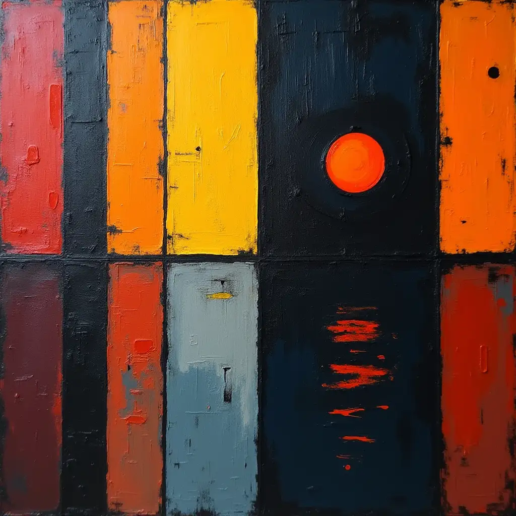 user_prompt: A picture in a grid, striped, primitively schematic minimalism, subterranean face darkness in the style of Kandinsky, Malevich, minimalism, simplify for a beginner artist with acrylics many colors, constructivism abstract