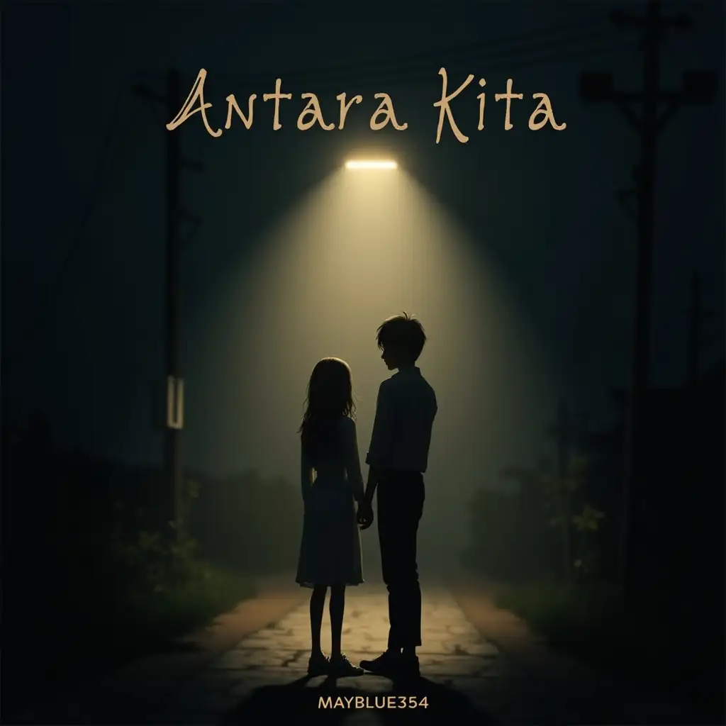 A melancholic and nostalgic album cover featuring a silhouette of two people standing apart under a dim streetlight at night. A soft glow surrounds them, symbolizing unspoken emotions. The background is blurred with a dreamy, cinematic feel, evoking warmth and longing. Text the title 'Antara Kita' and created by 'Mayblue354'.