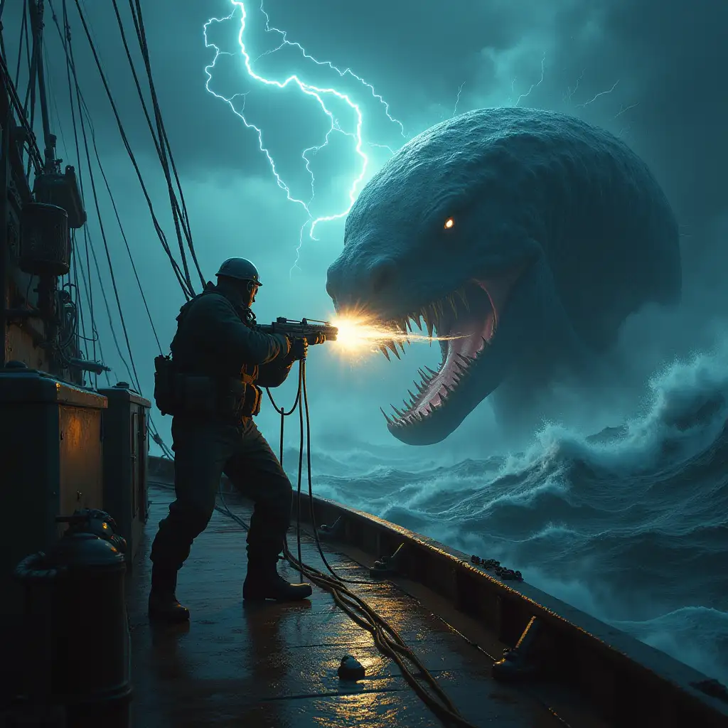 The ship's electrician shoots a blaster at a giant electric eel on a stormy ship deck as it attacks. Realistic and detailed grungy filter, wide-angle format