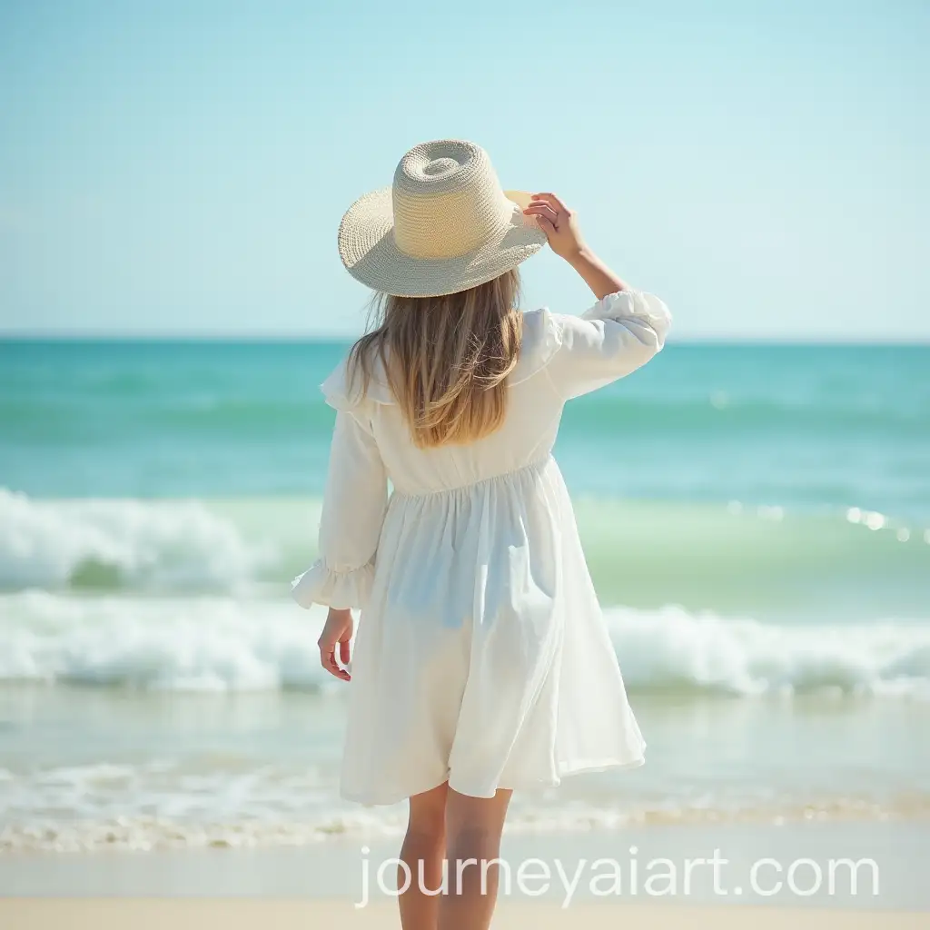 Girl-in-White-Dress-and-Hat-Standing-by-the-Sea