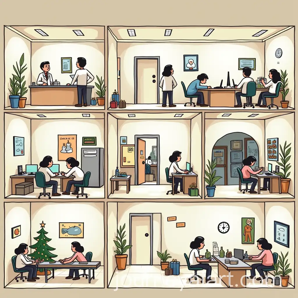 Christmas-Illustration-of-a-ThreeStory-Building-Interior-with-Diverse-Workspaces