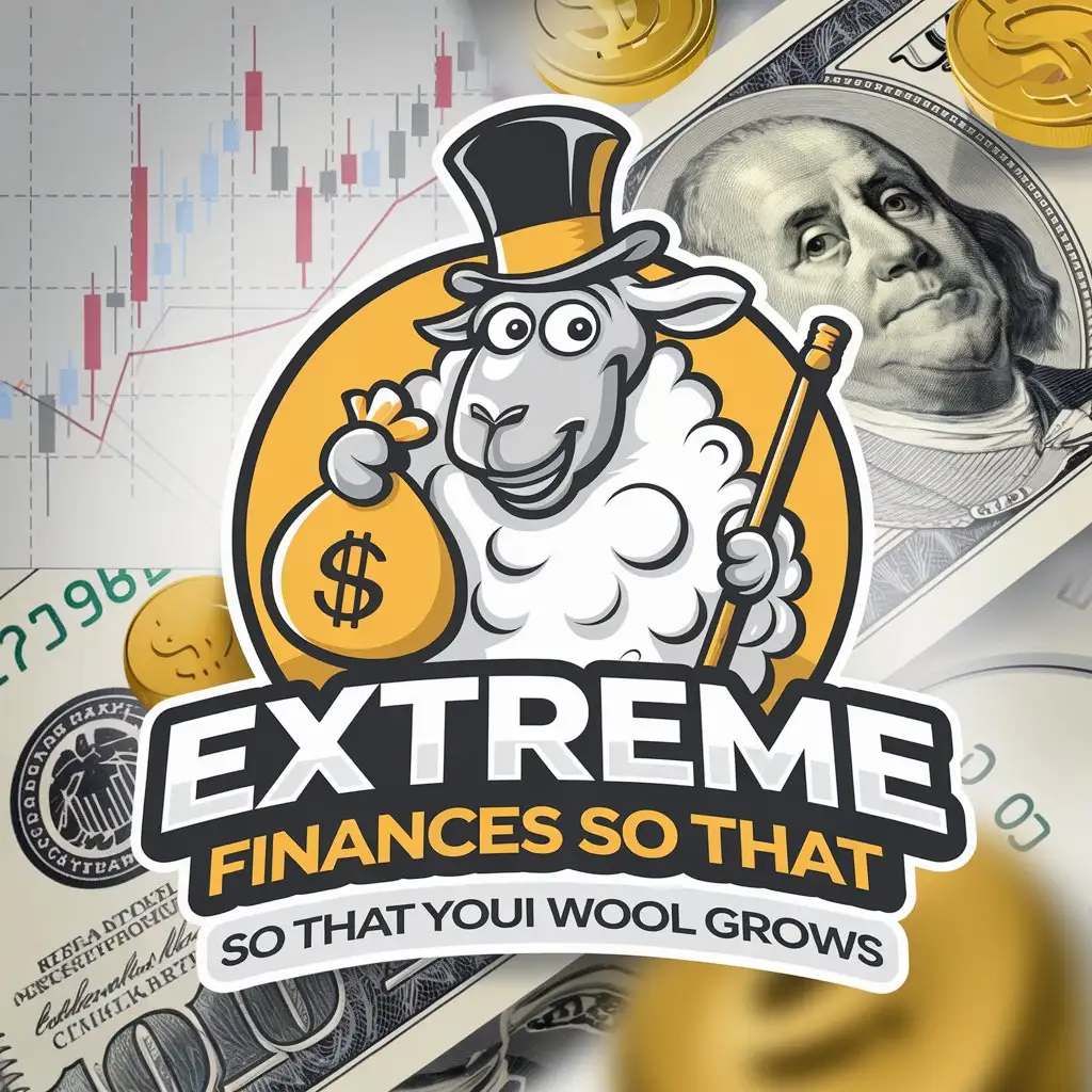 a vector logo design,with the text "EXTREME FINANCES  So that your wool grows", main symbol:Friendly and funny cartoon sheep accompanied by elements of economy and finance,Moderate,clear background