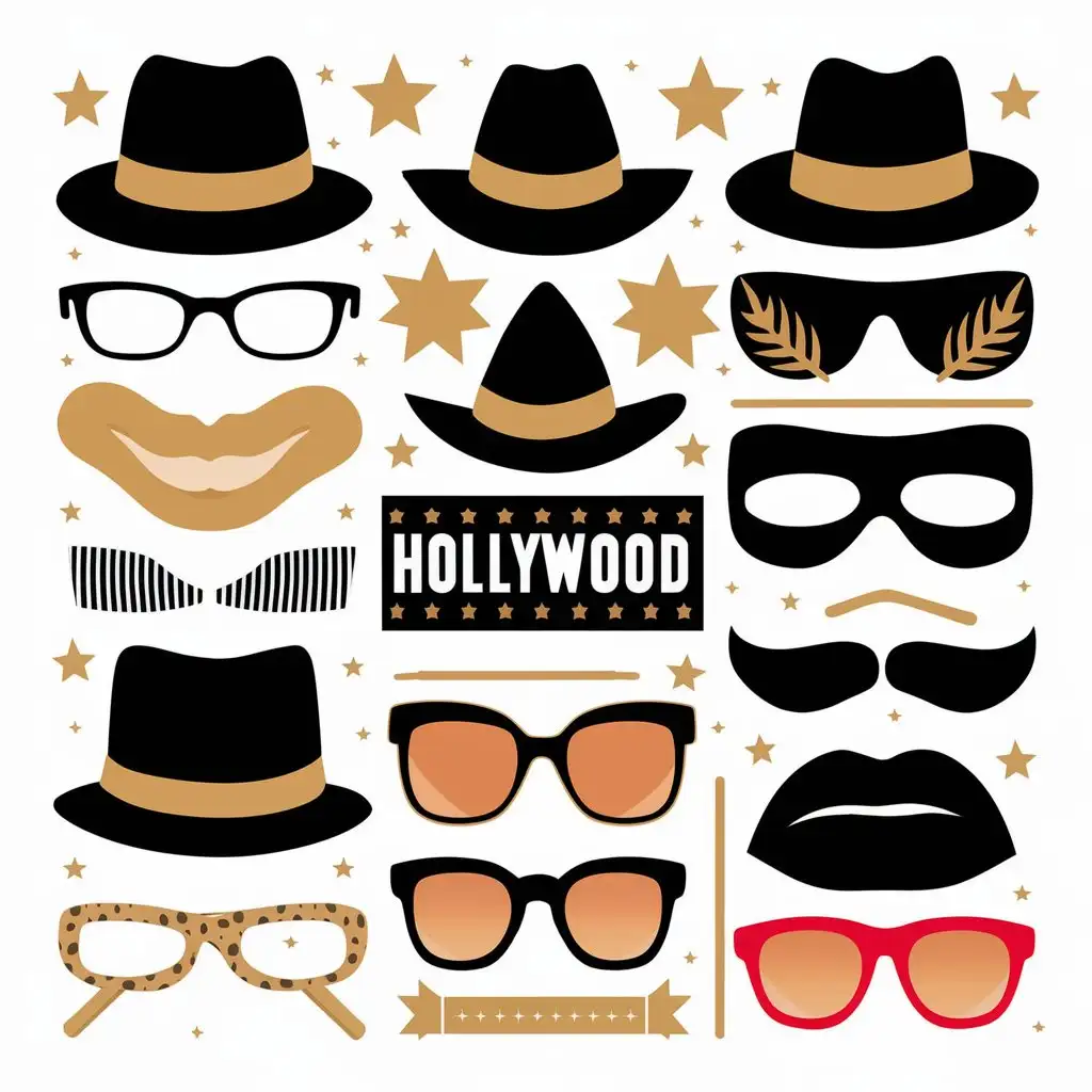 Hollywood Themed Photo Booth Props on White Background