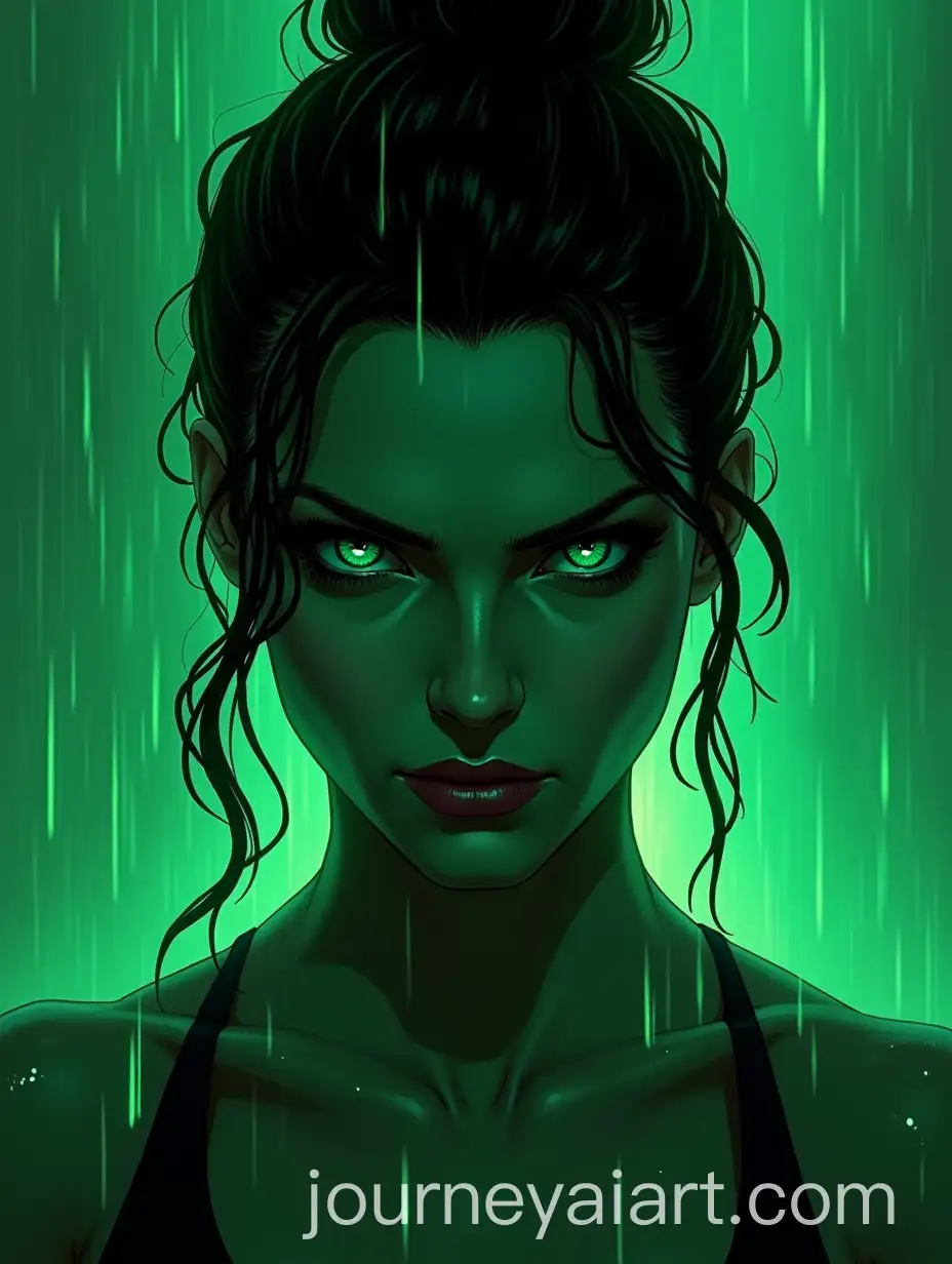Fierce-Woman-in-the-Rain-with-Eerie-Green-Reflections