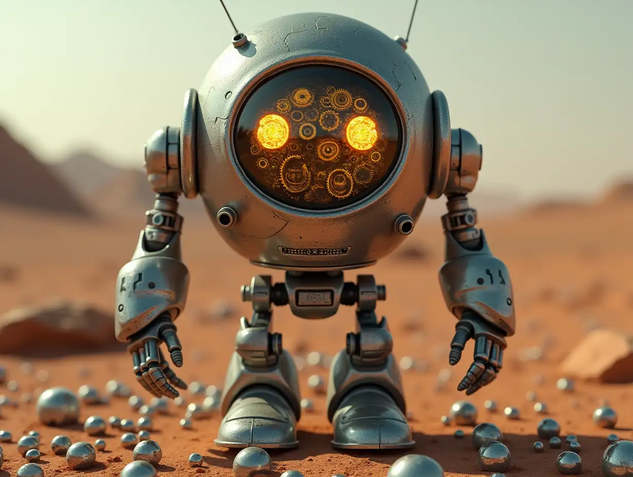 Create a high-resolution, realistic image of an artificial intelligence named Robert, three meters tall, with eyes, arms, and legs, with gears on the cheeks and glass head with visible golden brain, screws with many glass spheres on the floor, Mars 4k resolution.