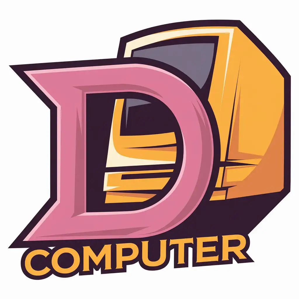 a vector logo design,with the text "D, computer", main symbol:D, computer, pink, yellow,Moderate,be used in Entertainment industry,clear background