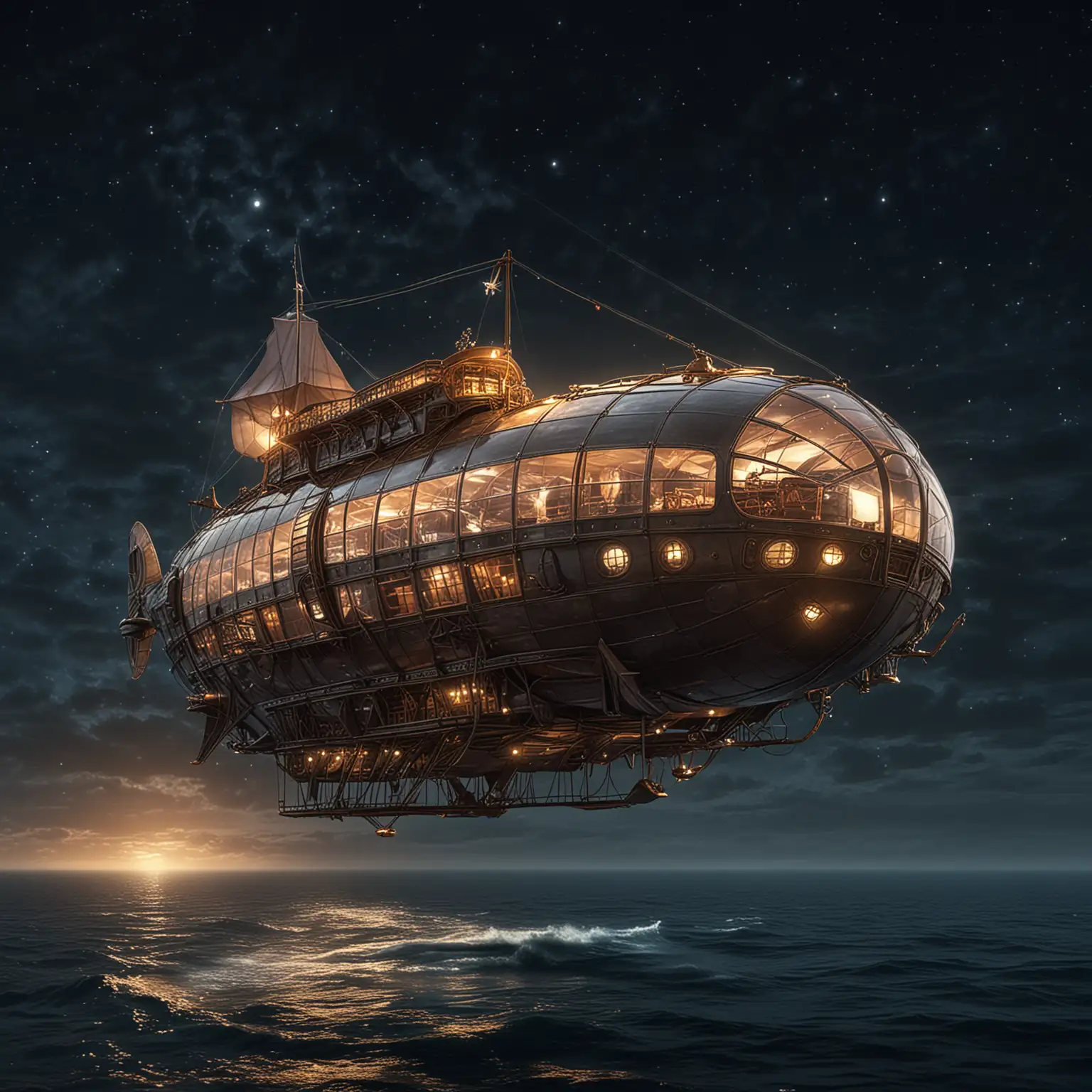 A sleek, fairy-tale airship with an open upper deck flies over the sea at night. There is a large glass window in the bow.