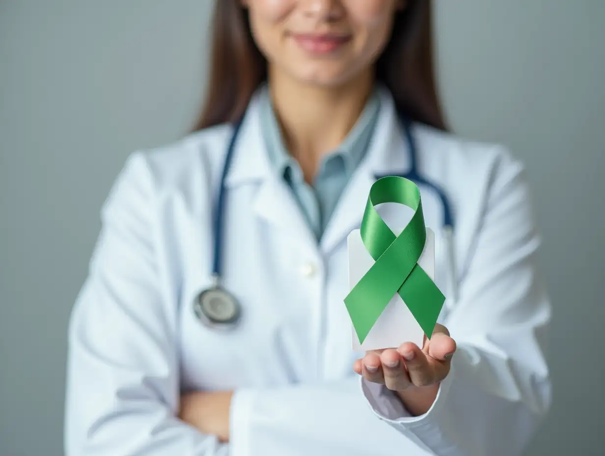 Female doctor with green ribbon on grey background, closeup. Liver cancer concept