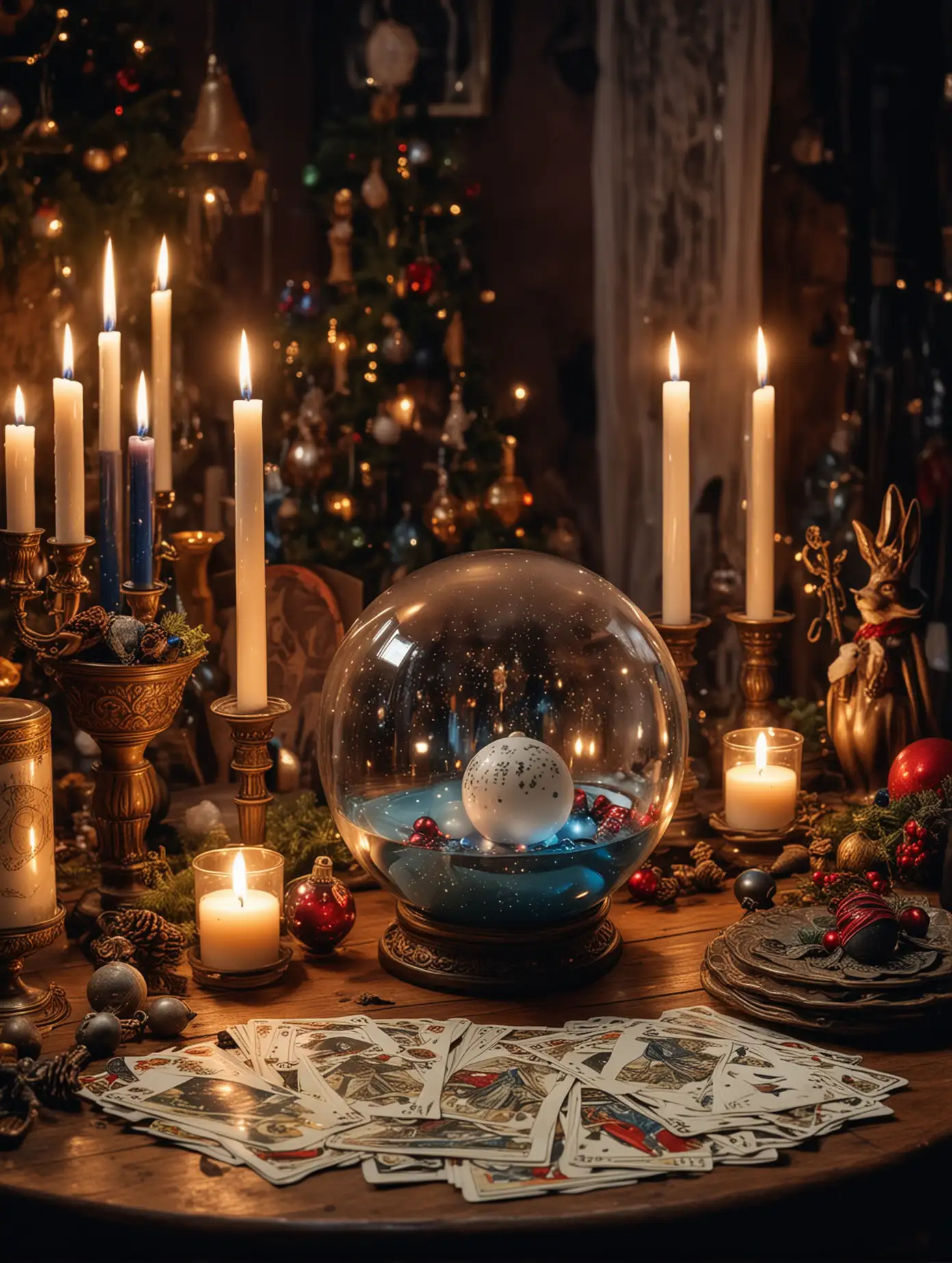 a Christmas table decorated, a large glass gazing ball on the table, an atmosphere of mysticism, tarot cards and candles next to the table, behind the magical hat cylinder and white magician's gloves