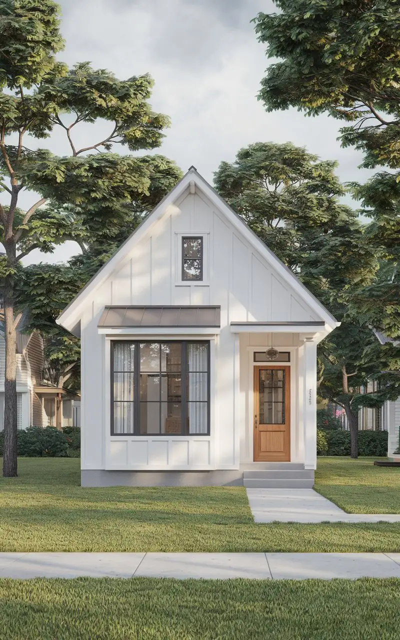 A small single-storey house with a double-pitched roof in a modern style. Front view. Render