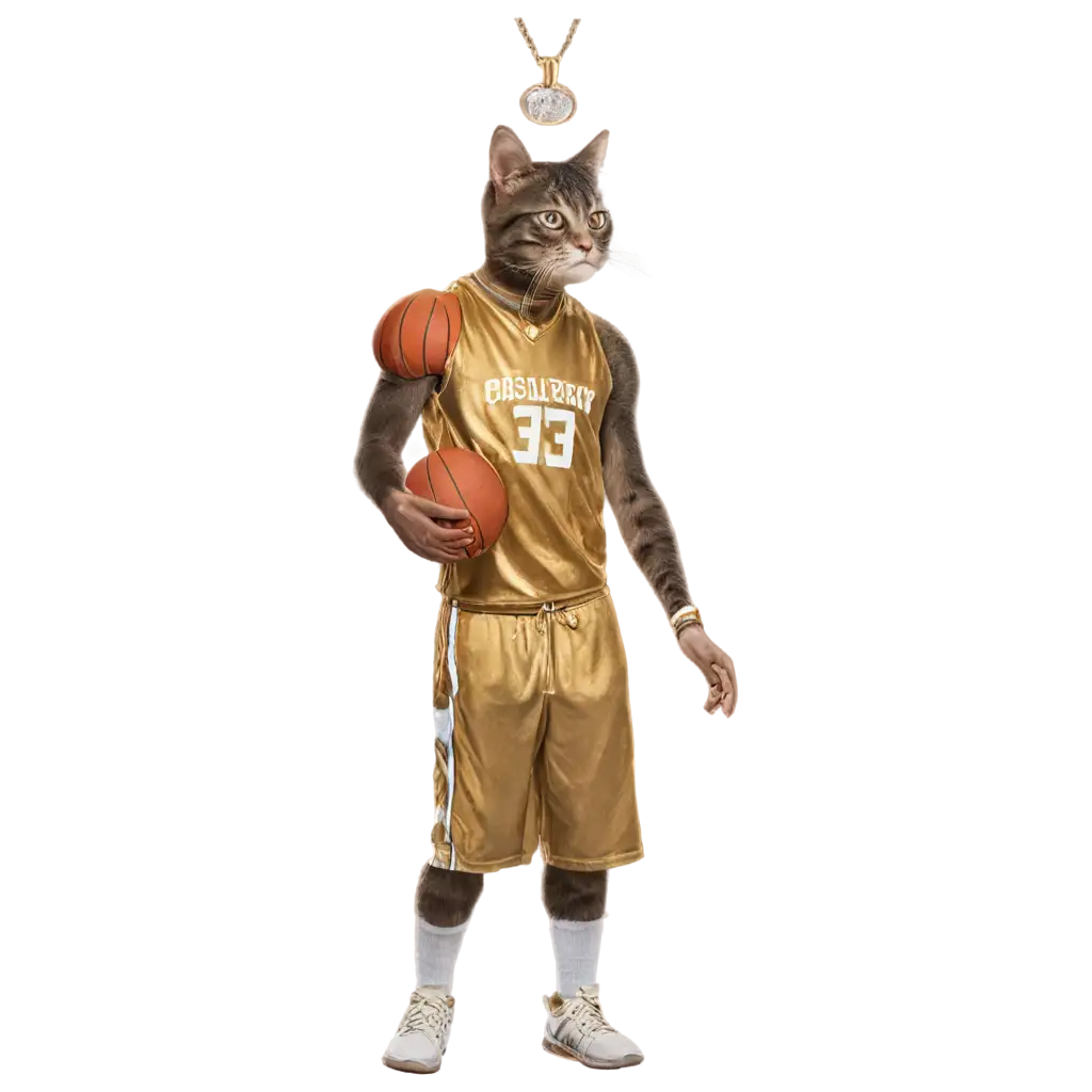 Basketball player cat wearing gold necklaces