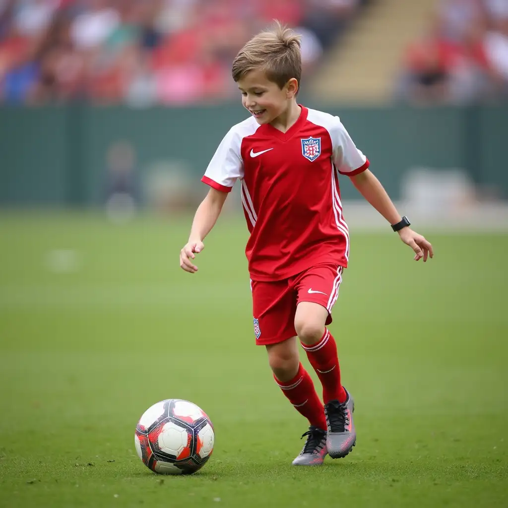 A happy 10-year-old boy plays with a soccer ball in the red and white Spartak uniform on the Spartak professional soccer field in Moscow