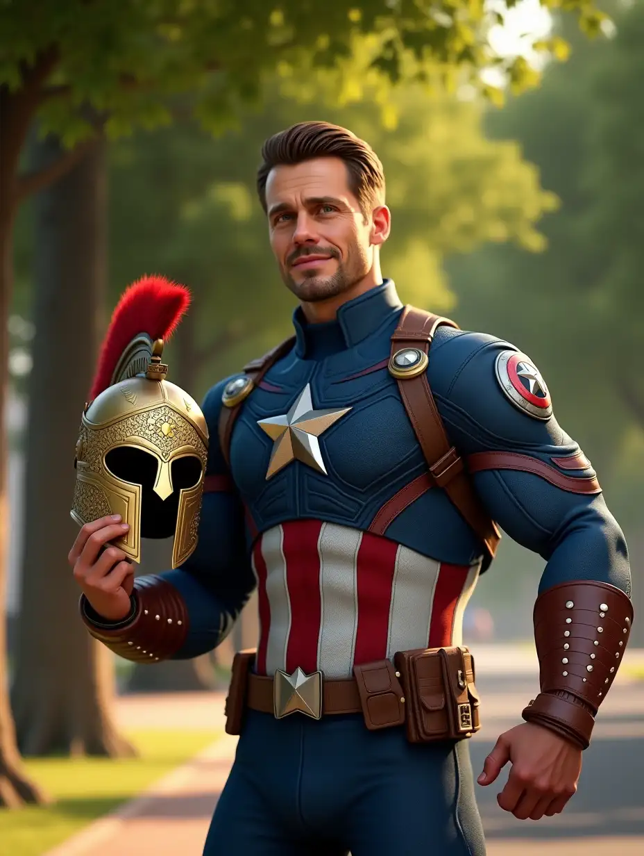 A highly detailed 3D-rendered image in 4K resolution of a superhero resembling Captain America standing in a park-like environment with lush green trees and a blurred city road in the background. He wears a blue armored suit with a metallic silver star emblem on the chest, red and white stripes on the torso, and a brown utility belt. His face is visible, showing a confident smile and neatly styled brown hair with a short beard. He holds an ancient Spartan-style helmet with a metallic bronze finish, intricate engravings, and a red plume in one hand, while pointing at it with the other. The scene is illuminated by natural golden sunlight, casting soft shadows and highlighting fine details like the fabric texture, armor reflections, and the engravings on the helmet. The overall composition conveys a mix of historical connection and modern heroism.