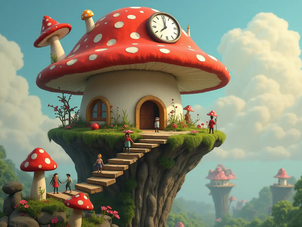 A magical floating mushroom house with tiny people on giant steps and bridge, clocks and mushrooms and tiny people art