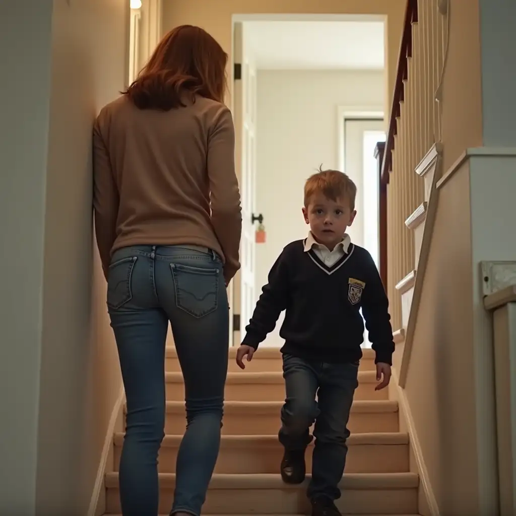 Mother-Watching-Son-Stomp-Up-Stairs-in-School-Uniform