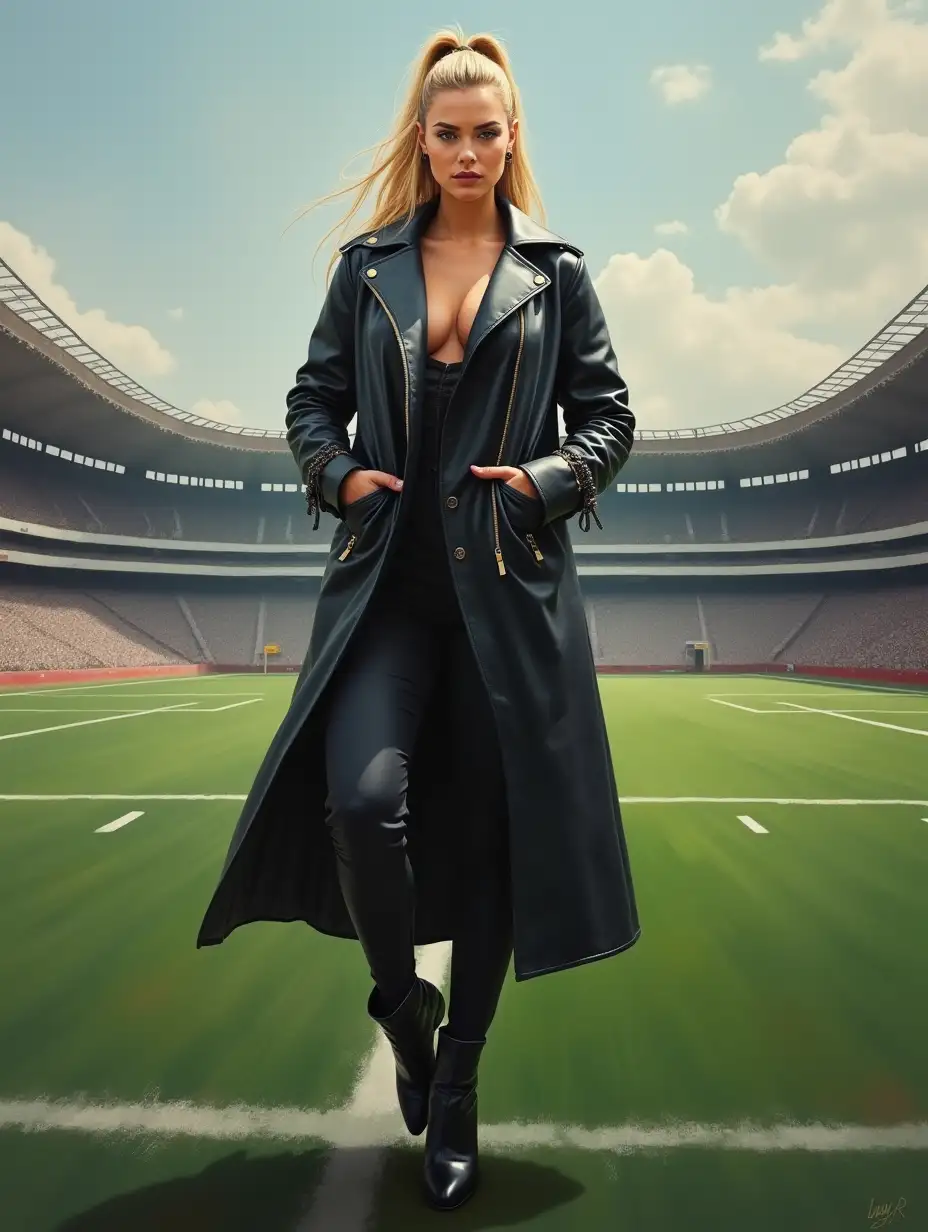 Oil painting, FRONT view of Dominant and victorious looking 27 years old CURVY woman blonde ponytail, wearing black long leather coat, black high heel boots, standing alone middle of football field.