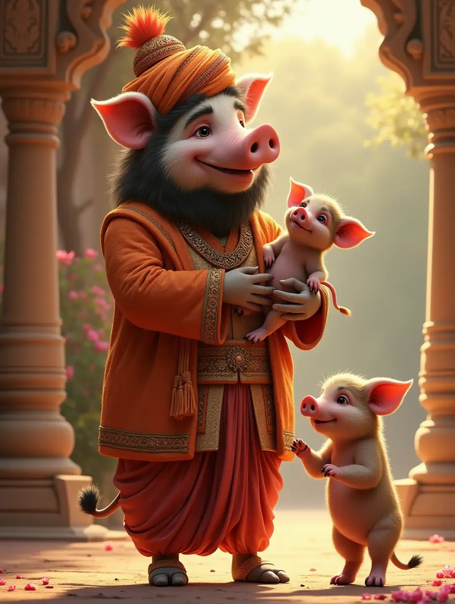 Majestic-Pig-in-Traditional-Indian-Attire-with-Baby-Pig-in-Serene-Outdoor-Setting