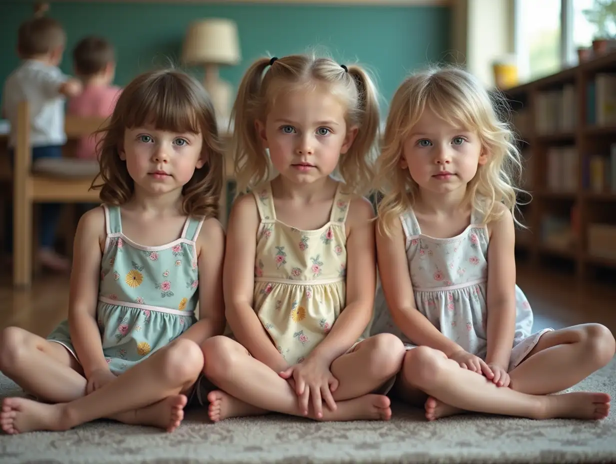 Three-Girls-in-Summer-Minidresses-Sitting-on-Rug-in-Classroom