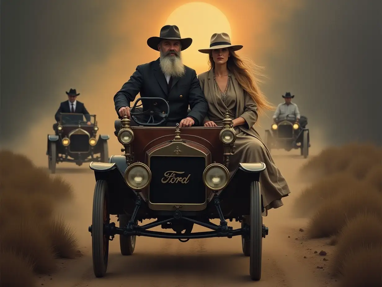 An oil painting man with grey tidy beard and woman with long blonde hair are riding it a T model ford together on a trail in  both dressed in typical formal road clothes and both have hats, they are moving along the trail together,  other cars behind them with them. Dust and sun going down behind them, The background is a dark grey, creating an atmosphere of mystery and elegance, --s 500 --v 6.0 --style raw --ar 51:91