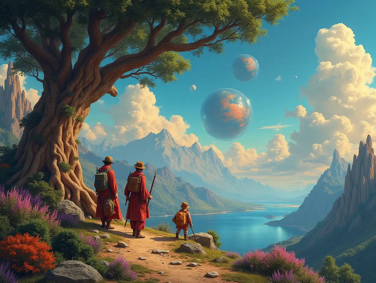 Ultradetailed hyperrealistic portrait of Multiversum time travelers with various strange large tree beings, The elaborately detailed, colorful planets with, in the background mountains utopian towers and sea