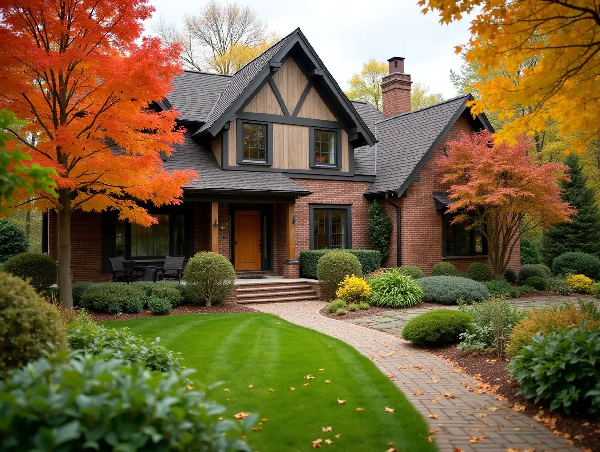 A brick and wood suburban home backyard garden with colorful autumn trees