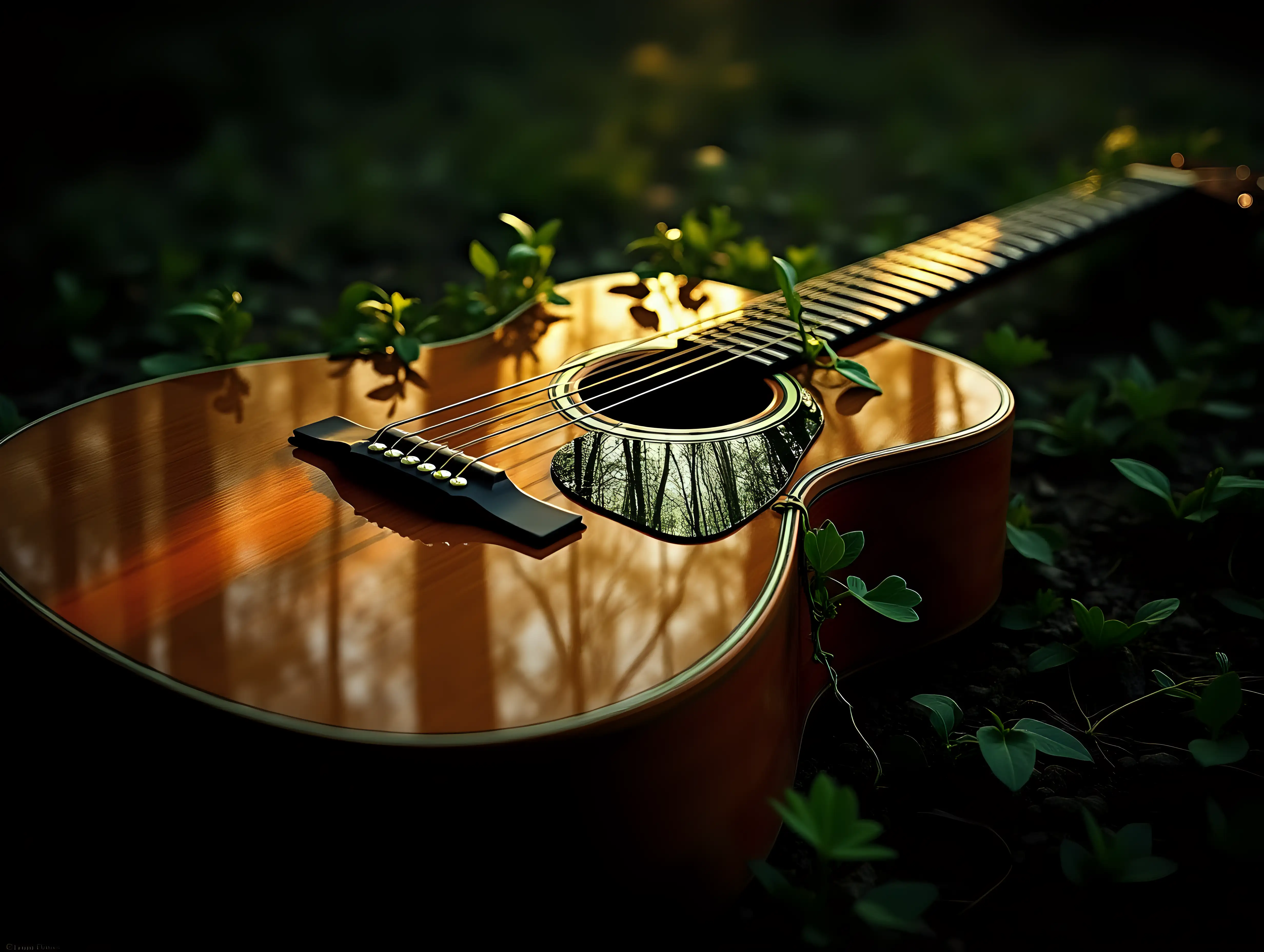 Acoustic-Guitar-with-Nature-Vines-Reflecting-in-Sunlit-Forest