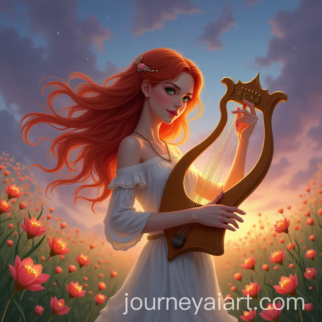 Enchanting-Woman-Playing-a-Golden-Lyre-in-a-Mystical-Flower-Field