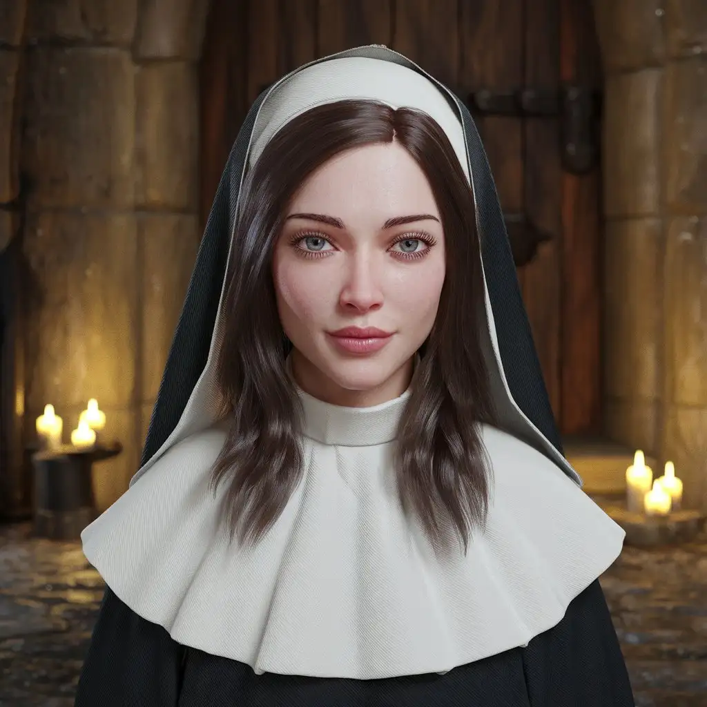 Realistic-Portrait-of-a-Dark-Brown-Haired-Nun-in-a-3D-Dungeon