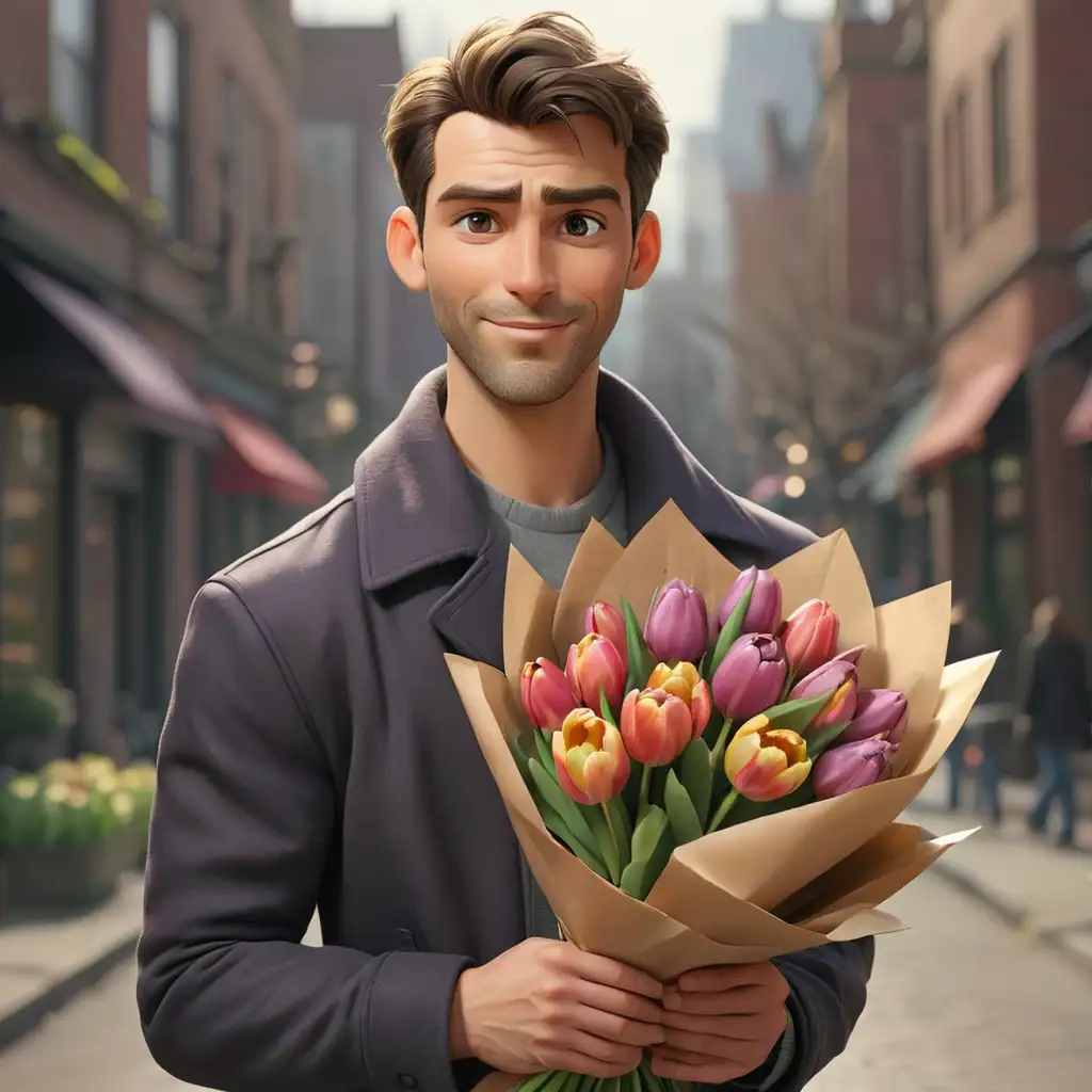 Urban-Street-Scene-with-Handsome-Man-Holding-Tulips-Bouquet