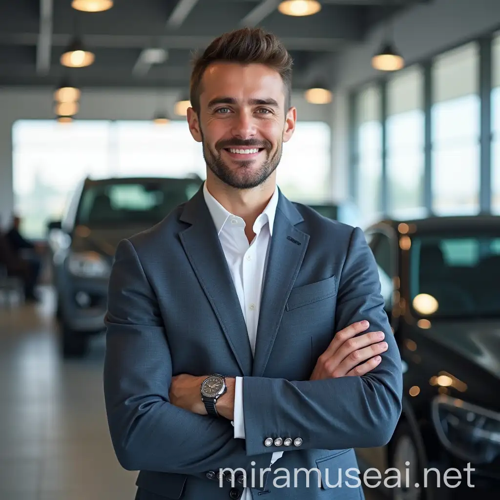 Handsome Young Man Selling Cars in a Large Showroom