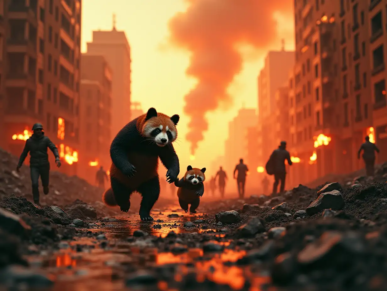 A futuristic damage city, fires coming from sky, dead bodies, people are running with fear, a monster wounded panda with Its baby panda running together, horizontal camera angle, horrifying Cinematic view,