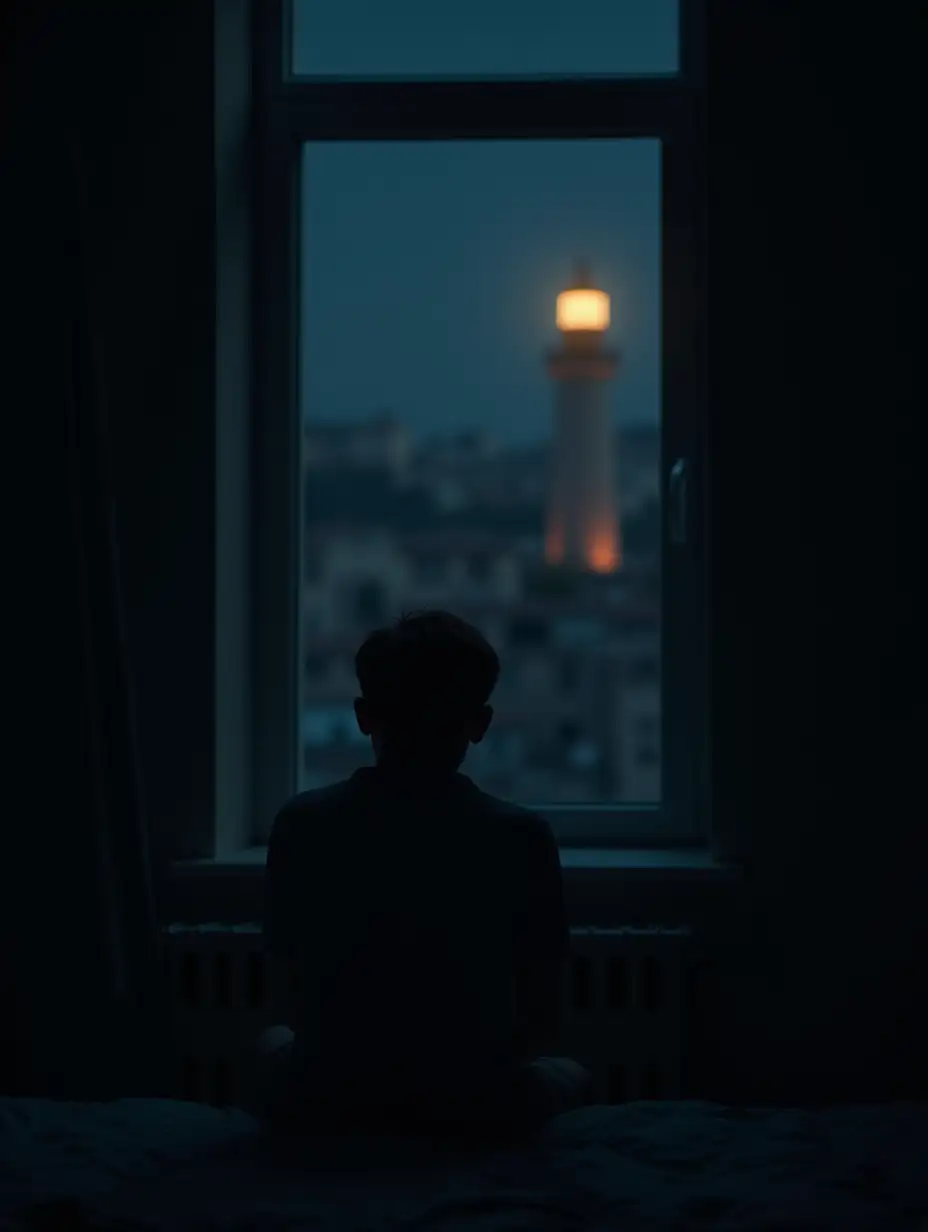 A realistic, emotional night image of an urban environment. A young adult refugee man sits in his room surrounded by complete darkness. His body language shows uncertainty and hesitation. In the distance, a lighthouse shines from the window, illuminating the way out of the darkness. The lighthouse symbolizes hope and orientation. The scene has a strong contrast between light and shadow, making the darkness overwhelming while the lighthouse stands out as the only source of hope.