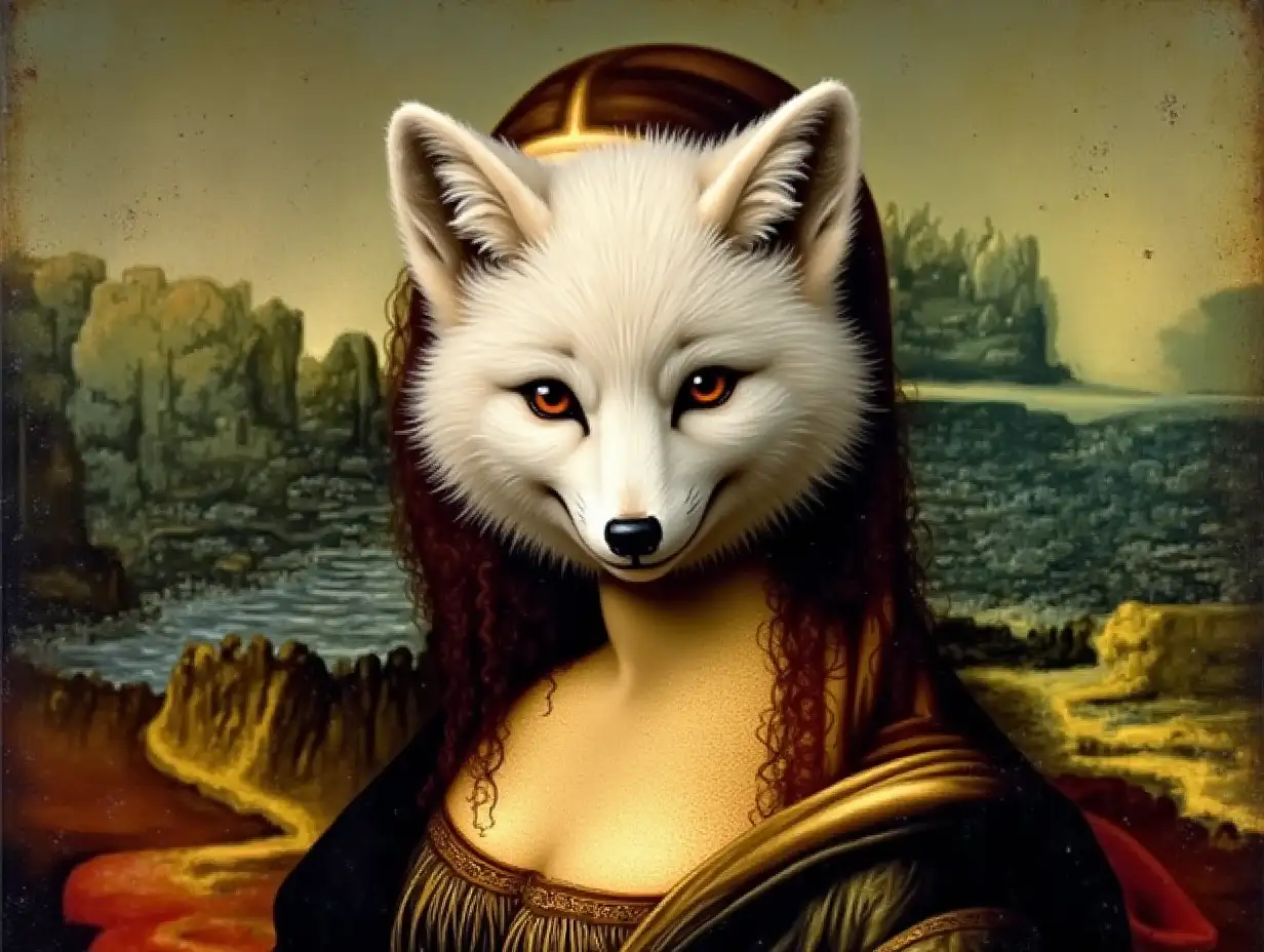 a picture by Leonardo da Vinci 'Mona Lisa', but fully featuring a smiling anthropomorphic white polar fox instead of a woman