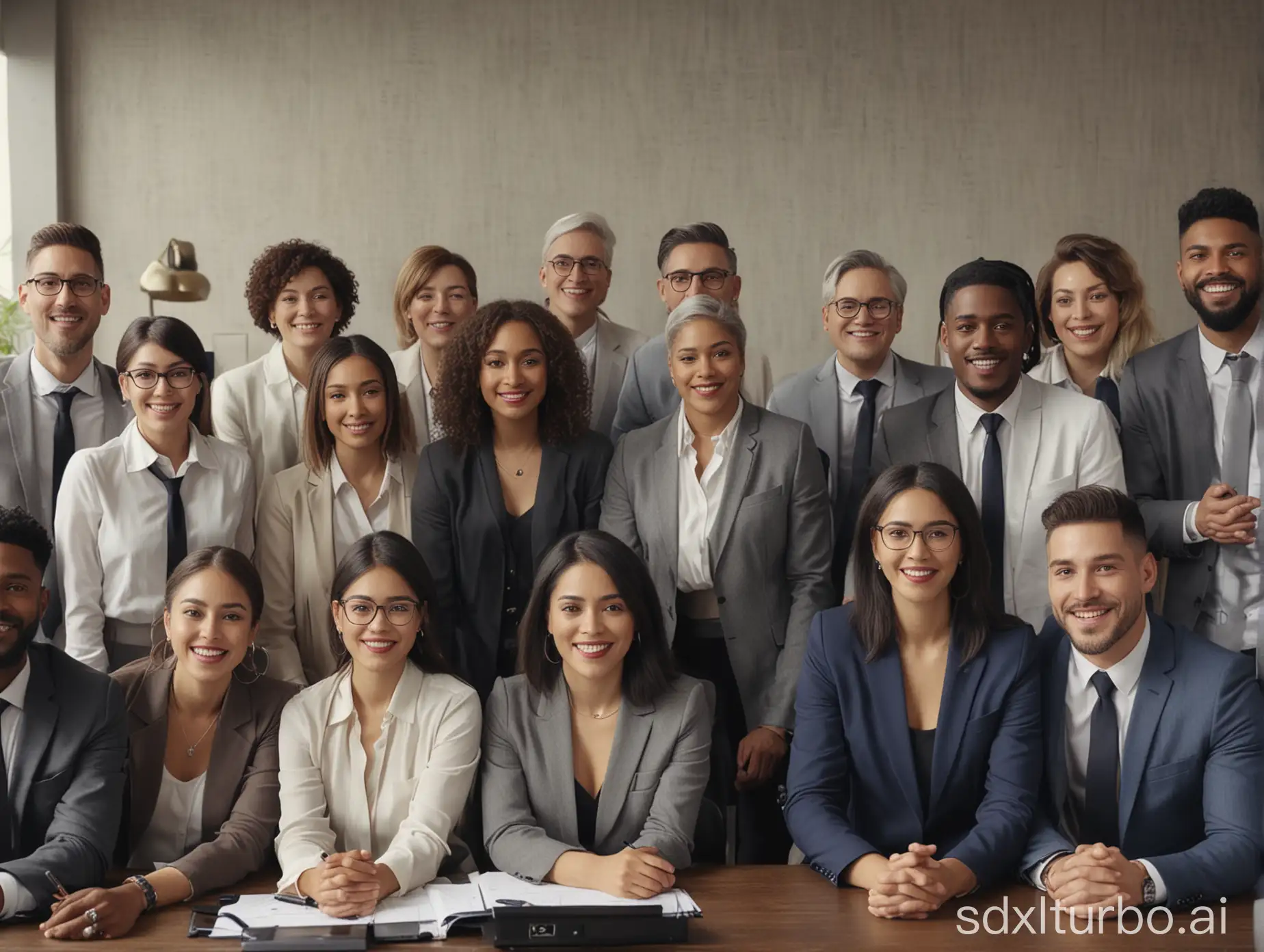 Successful team of many people, mix of hispanics, asians, whites, blacks, multigenerational, men and women and LGBT persons in the office, high quality, 4k, cinematic